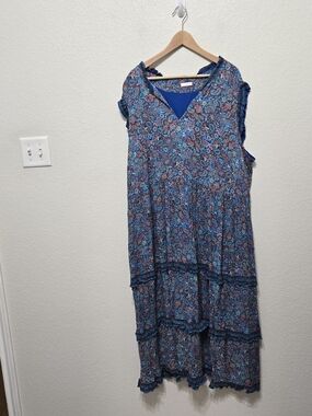 J Jill Blue Paisley Tiered Sleeveless Maxi Dress Size 4X
